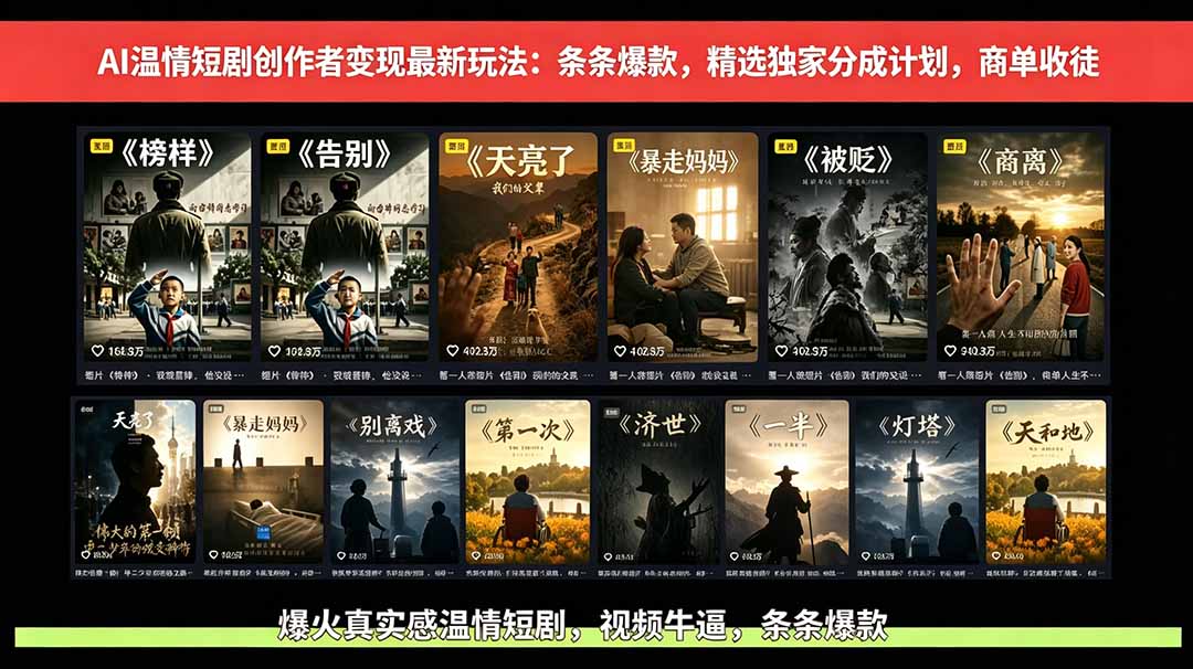 （18748期）AI温情短剧创作者变现最新玩法：视频牛逼，条条爆款，精选独家分成计划，商单收徒-赛德副业库