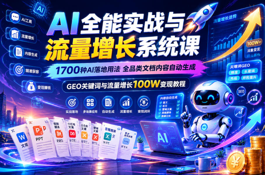 AI全能实战与流量增长系统课,1700种AI落地用法,全品类文档内容自动生成,GEO关键词与流量增长100W变现教程-赛德副业库