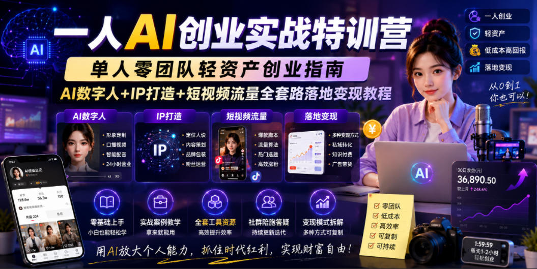 一人AI创业实战特训营,单人零团队轻资产创业指南,AI数字人+IP打造+短视频流量全套路落地变现教程-赛德副业库
