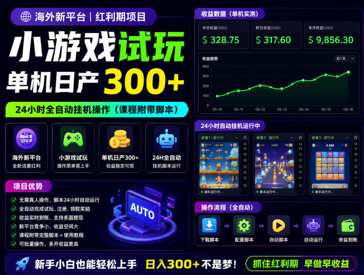 海外新平台，小游戏试玩，单机日产300+，24小时全自动挂G操作（课程附带脚本）【揭秘】-赛德副业库