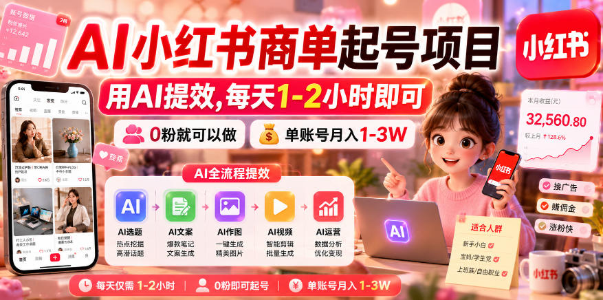 AI小红书商单起号项目,用AI提效,每天1-2小时即可,0粉就可以做,单账号月入1-3W-赛德副业库