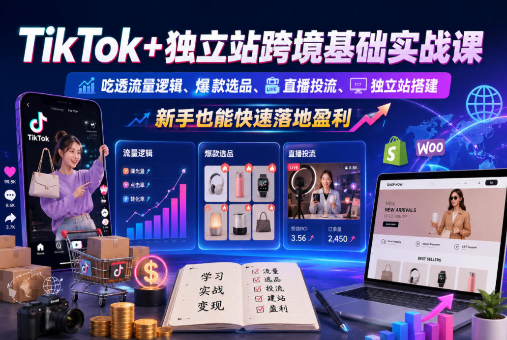 TikTok+独立站跨境基础实战课,吃透流量逻辑、爆款选品、直播投流与独立站搭建,新手也能快速落地盈利-赛德副业库