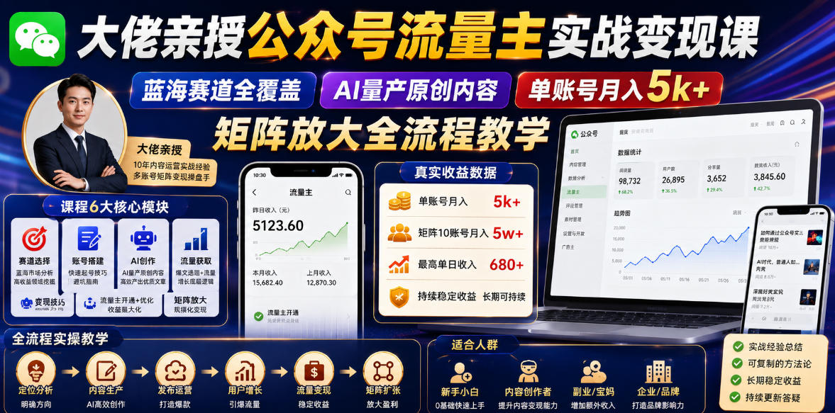 大佬亲授公众号流量主实战变现课,蓝海赛道全覆盖,AI量产原创内容,单账号月入5k+矩阵放大全流程教学-赛德副业库