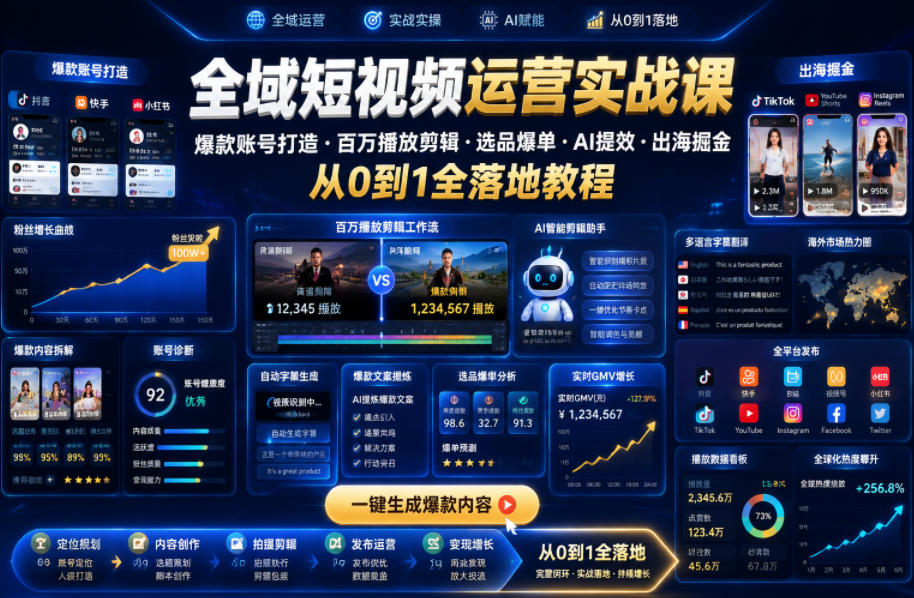 全域短视频运营实战课，爆款账号打造・百万播放剪辑・选品爆单・AI提效・出海掘金，从0到1全落地教程-赛德副业库