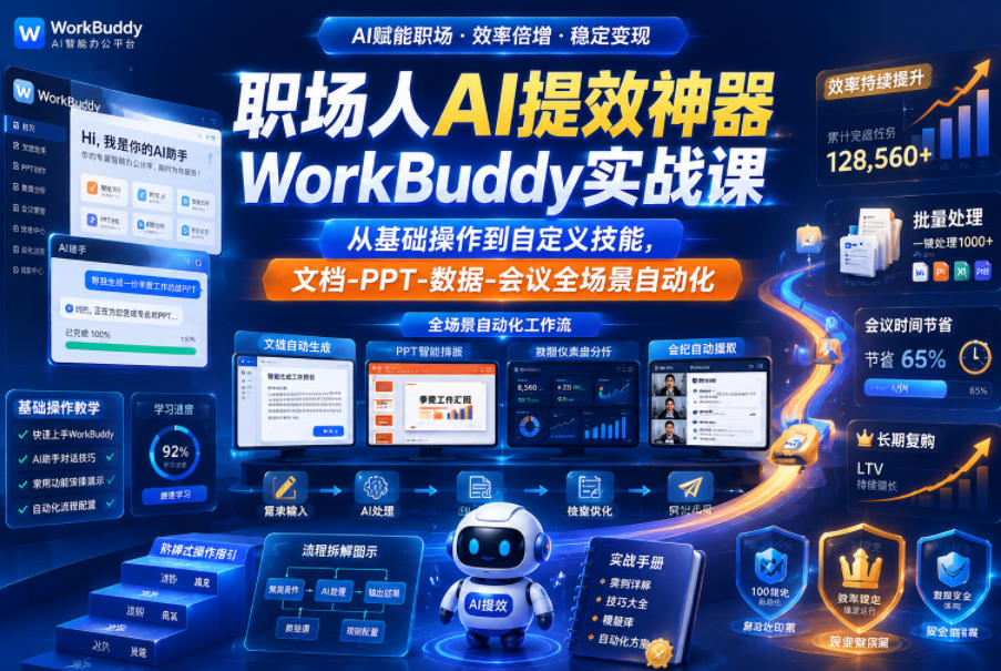 职场人AI提效神器WorkBuddy实战课,从基础操作到自定义技能,文档-PPT-数据-会议全场景自动化-赛德副业库