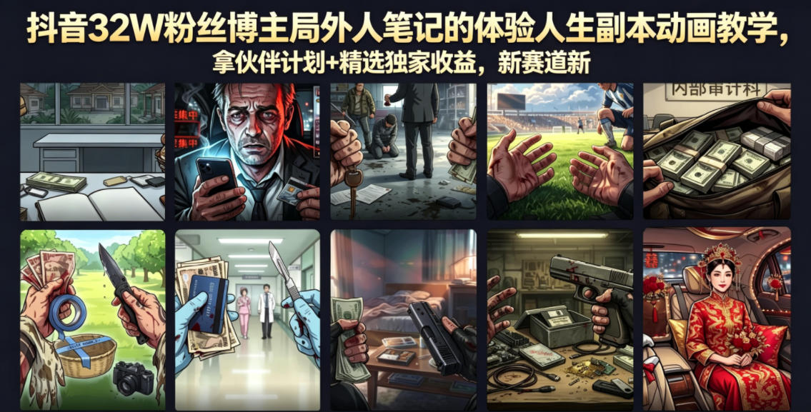 抖音32W粉丝博主局外人笔记的体验人生副本动画教学,拿伙伴计划+精选独家收益,新赛道新涨粉快【录制版】-赛德副业库