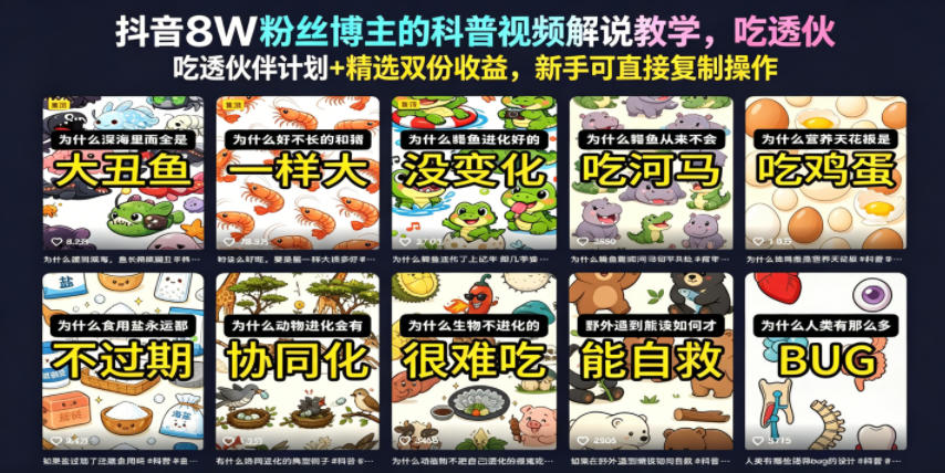 抖音8W粉丝博主的科普视频解说教学,吃透伙伴计划+精选双份收益,新手可直接复制操作-赛德副业库