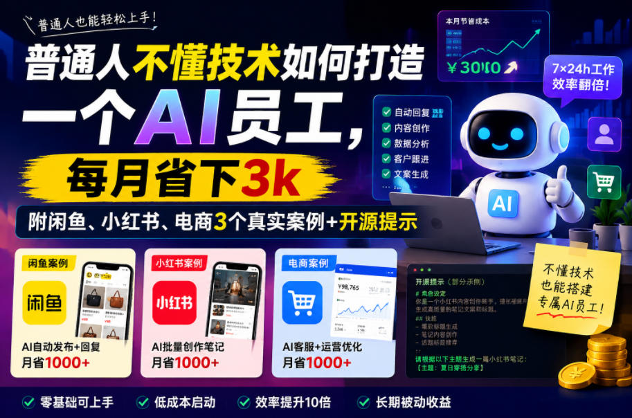 普通人不懂技术如何打造一个AI员工,每月省下3k,附闲鱼、小红书、电商3个真实案例+开源提示【文档】-赛德副业库