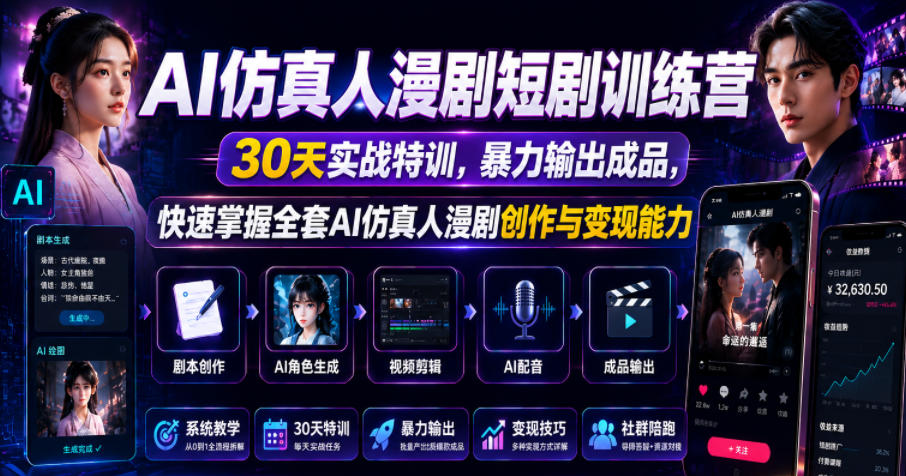 AI仿真人漫剧短剧训练营,30天实战特训,暴力输出成品,快速掌握全套AI仿真人漫剧创作与变现能力-赛德副业库