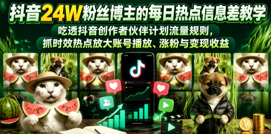 抖音24W粉丝博主的每日热点信息差教学,吃透创作者伙伴计划流量规则,抓时效热点放大账号播放、涨粉与变现收益-赛德副业库