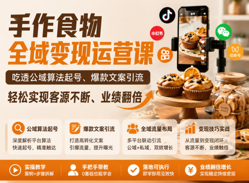 手作食物全域变现运营课,吃透公域算法起号、爆款文案引流,轻松实现客源不断、业绩翻倍-赛德副业库
