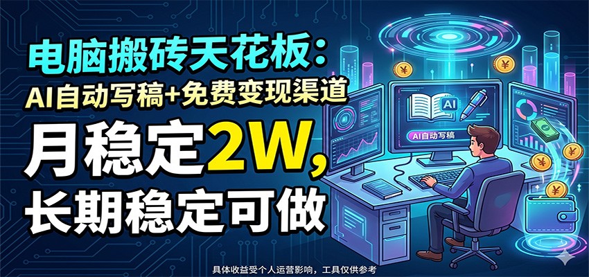 电脑搬砖天花板:AI自动写稿+免费变现渠道,月稳定2W,长期稳定可做-赛德副业库