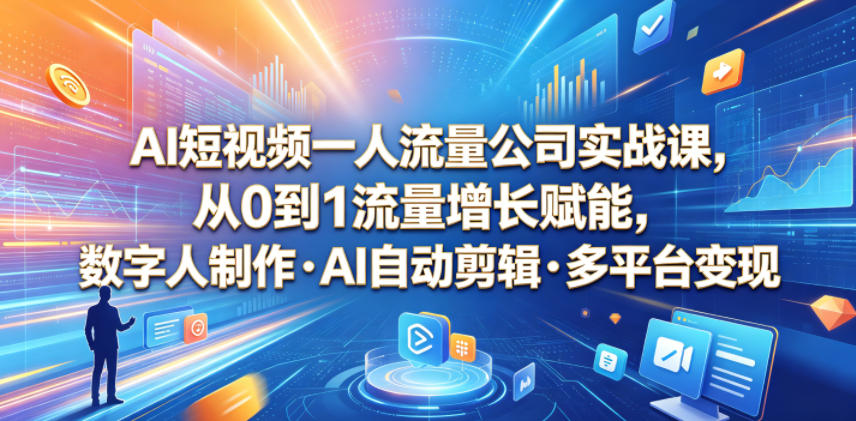 AI短视频一人流量公司实战课,从0到1流量增长赋能,数字人制作・AI自动剪辑・多平台变现,一人做流量生意全落地教程-赛德副业库