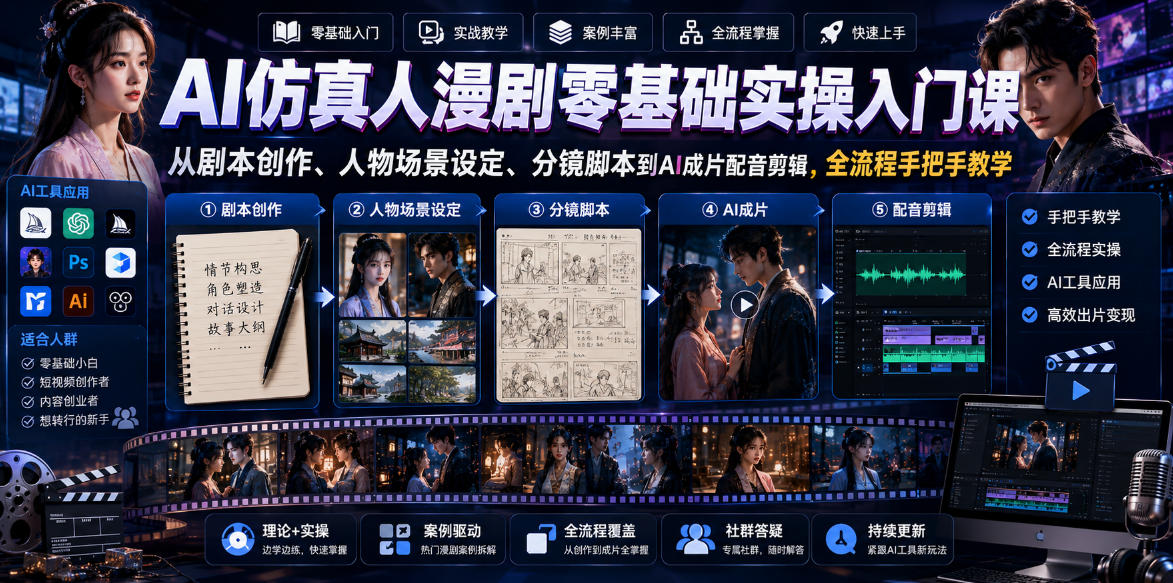 AI仿真人漫剧零基础实操入门课,从剧本创作、人物场景设定、分镜脚本到AI成片配音剪辑,全流程手把手教学-赛德副业库