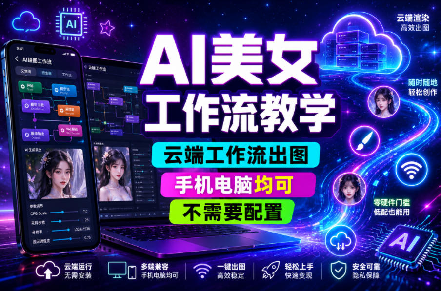 AI美女工作流教学,云端工作流出图,手机电脑均可,不需要配置,快速起号涨粉-赛德副业库