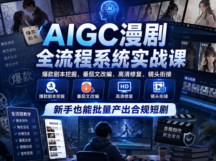 AIGC漫剧全流程系统实战课,爆款剧本挖掘、番茄文改编、高清修复、镜头衔接,新手也能批量产出合规短剧-赛德副业库